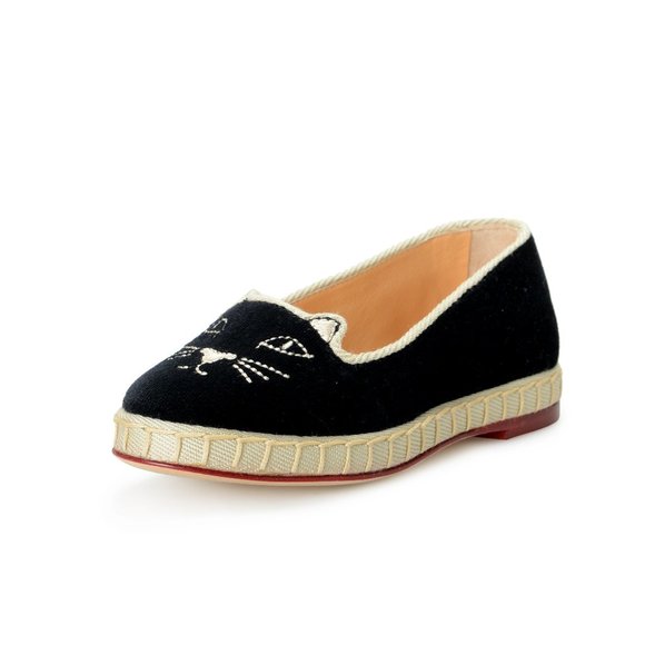 Charlotte Olympia Girls "INCY VENETIAN CATS" Black Velvet Ballet Flats Shoes
